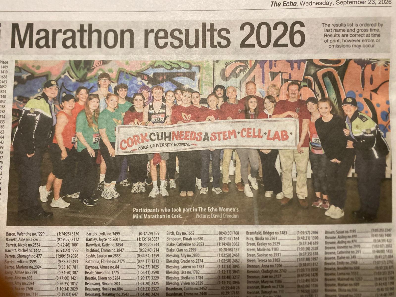 The Echo coverage showing participants at the 2026 Women's Mini Marathon in Cork holding a Cork CUH Needs a Stem Cell Lab banner