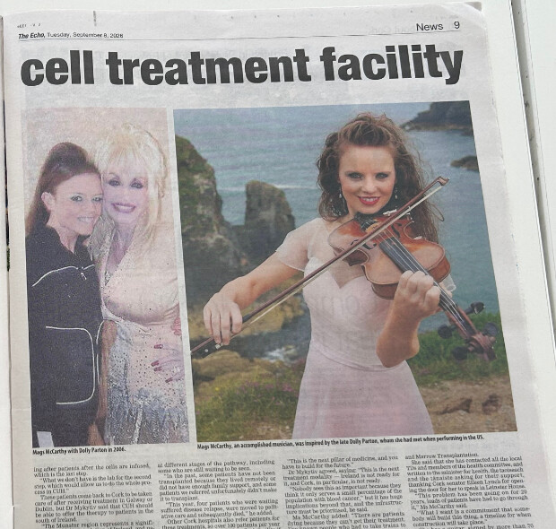 Newspaper coverage of the Cork stem cell treatment campaign, including photographs of Mags McCarthy